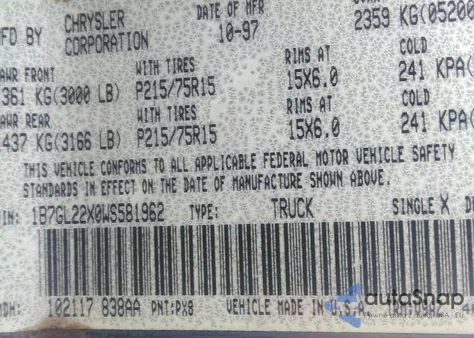 1998 Dodge Dakota Slt/Sport z USA, uszkodzony, nr VIN 1B7GL22X0WS581962